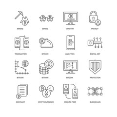 16 linear icons related to Blockchain, Bitcoin, Mining, undefine