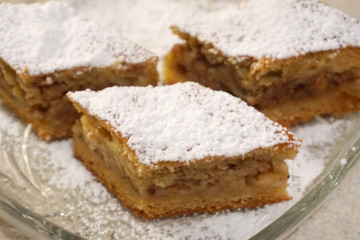 Fototapeta na wymiar Close up view of a pieces delicious homemade apple cake sprinkled with powdered sugar