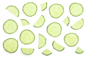 Cucumber slices isolated on white background. Top view. Flat lay pattern