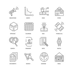 16 linear icons related to Table, Diagram, Search, Documents, Wa