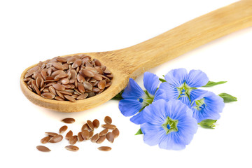 flax seeds in wooden spoon with flower isolated on white background