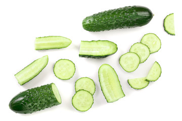 Cucumber slices isolated on white background. Top view. Flat lay pattern