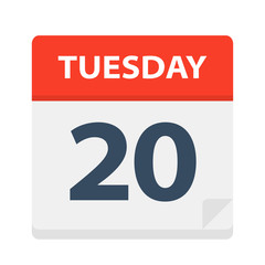 Tuesday 20 - Calendar Icon. Vector illustration of week day paper leaf.