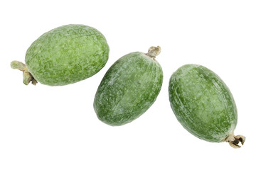 Tropical fruit feijoa Acca sellowiana isolated on white background. Top view. Flat lay pattern