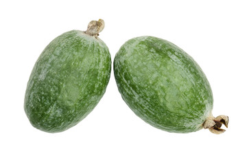 Tropical fruit feijoa Acca sellowiana isolated on white background. Top view. Flat lay pattern