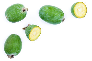 Tropical fruit feijoa Acca sellowiana isolated on white background with copy space for your text. Top view. Flat lay pattern