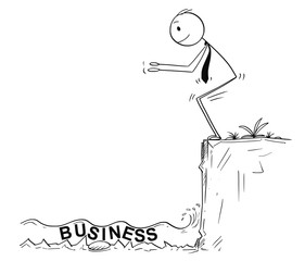 Cartoon stick man drawing conceptual illustration of businessman ready to jump in unknown shallow water of business. Metaphor ob start-up or investment risk.
