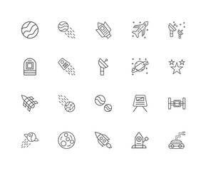 20 linear icons related to Moon rover, Stars, Satellite dish, Ro