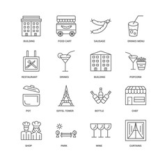 16 linear icons related to Curtains, Wine, Park, Shop, Chef, Bui