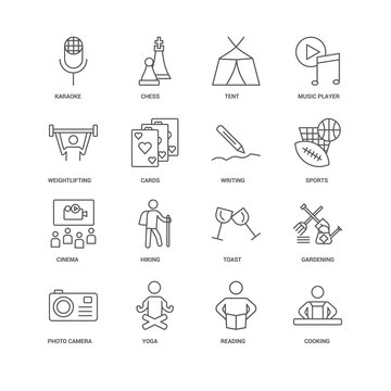 16 linear icons related to Cooking, Cards, Karaoke, undefined, G
