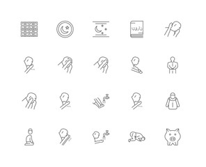 20 linear icons related to Pig, Sujud, Salah, Julus, Qiyam, Moon