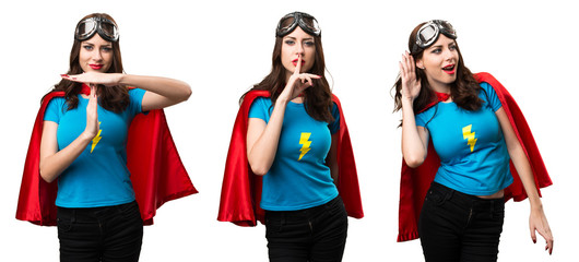 Set of Pretty superhero girl making silence gesture and time out gesture