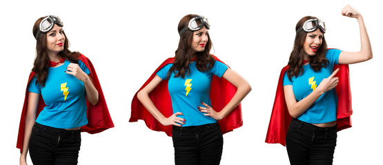 Set of Pretty superhero girl looking lateral and doing strong gesture