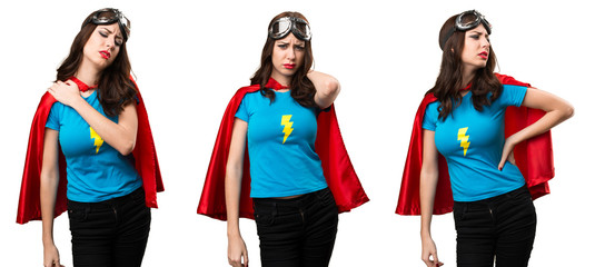 Set of Pretty superhero girl with neck pain, shoulder pain and backache