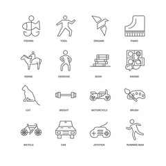 16 linear icons related to Running man, Joystick, Car, Bicycle,