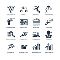 Set Of 16 outline icons such as Dollar analysis bars chart, Tabl