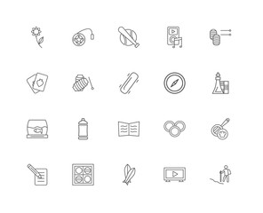 20 linear icons related to Hiking, Tv, Surfboard, Checkers, Writ