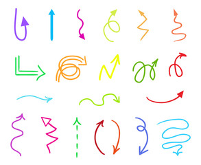 Colored infographic elements on isolated white background. Hand drawn simple arrows. Line art. Set of different pointers. Abstract indicators