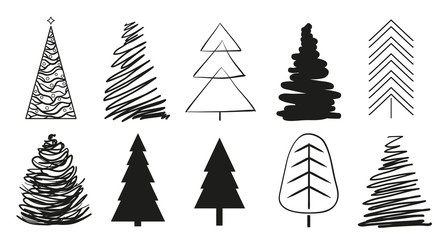 Fototapeta premium Christmas trees on white. Set for icons on isolated background. Geometric art. Objects for polygraphy, posters, t-shirts and textiles. Black and white illustration