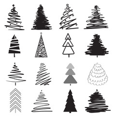 Obraz premium Christmas trees on white. Set for icons on isolated background. Geometric art. Objects for polygraphy, posters, t-shirts and textiles. Black and white illustration