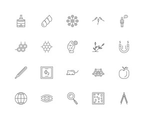 20 linear icons related to Compass, Magnet, Unknown, Fertilize C