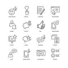 16 linear icons related to Review, Puzzle, Good review, undefine
