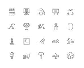 20 linear icons related to Cheese, Wine barrel, Wine, , Hot air