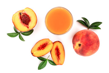 peach juice with leaves isolated on white background. Top view. Flat lay pattern