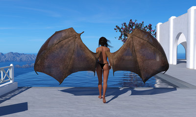 3d illustration of a leather winged woman wearing a black thong bikini walking toward a swimming pool at a resort setting. - obrazy, fototapety, plakaty