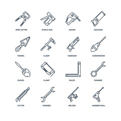 Set Of 16 outline icons such as Hammer drill, Welder, Spanner, C