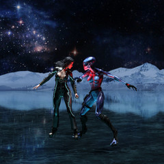 Fototapeta premium 3d illustration wide view of an extraterrestrial and a female human facing off on an icy alien world with the universe in the background.
