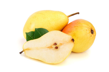 ripe red yellow pear with leaves fruits isolated on white background