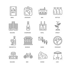 16 linear icons related to Cafe, Cheese, Bike, Building, Croissa