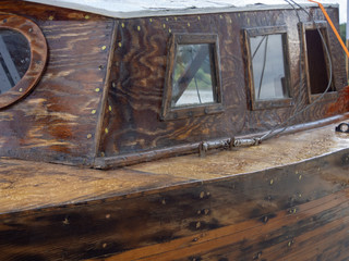 A frame of cabin of small, wooden boat.