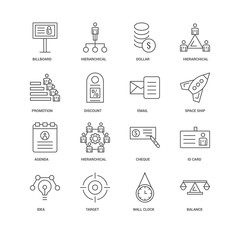 16 linear icons related to Balance, Discount, Billboard, undefin