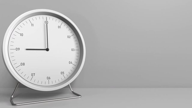Round clock shows 9:00 or 21:00 sharp. Nine or twenty-one o'clock. 3D animation