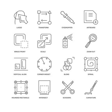 16 linear icons related to Curvature, Scale, Lasso, undefined, S