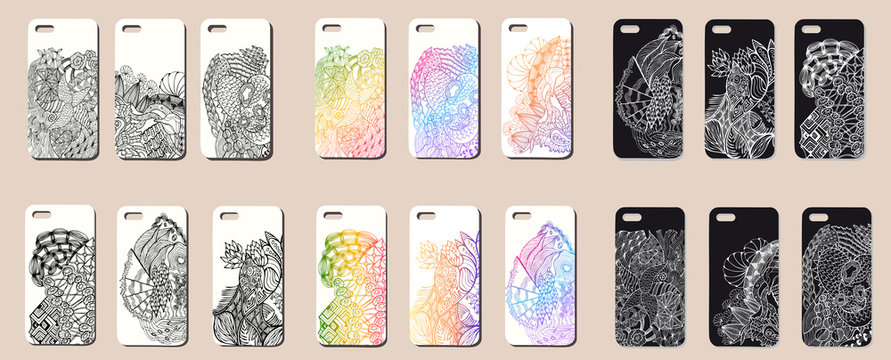 Large set of  mobile phone cases. Vector background in zentangle style.