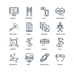 Set Of 16 outline icons such as Glasses, Solar system, Nerd, Mat