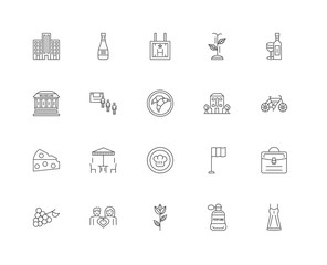 20 linear icons related to Dress, Perfume, Rose, Love, Grapes, W