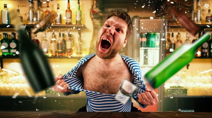 Foto op Plexiglas Bar Dronken barman scheurt zijn vest aan de bar
