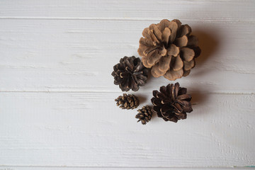 Pine cones on a white wooden background.