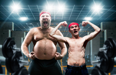 Fototapeta na wymiar Funny bodybuilders shows muscle in gym