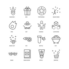 16 linear icons related to Mortar, Witch, Magic book, Mask, Pot,