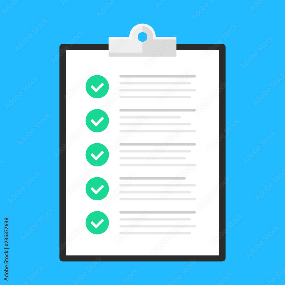 Poster checklist. clipboard with check list and green check marks. flat design. vector illustration