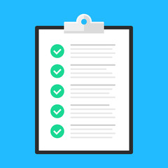 Checklist. Clipboard with check list and green check marks. Flat design. Vector illustration