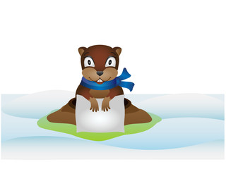 Groundhog Day. A Groundhog in a scarf got out of a hole with a pillow in his paws. Around the Groundhog snow and grass emerging from under it. The arrival of spring. Template with copy space. The anim