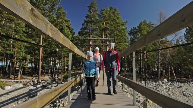 Woman do Nordic walking in nature. Girls and children use trekking sticks and nordic poles, backpacks. Family travels and goes in for sports. People is walking along a log wooden bridge. Autumn forest