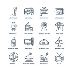 Set Of 16 outline icons such as Old Tv, iPod Shuffle, Radio with