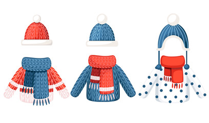 Set of three winter outfit. Knitted hat, scarf and sweater with different pattern. Flat vector illustration isolated on white background